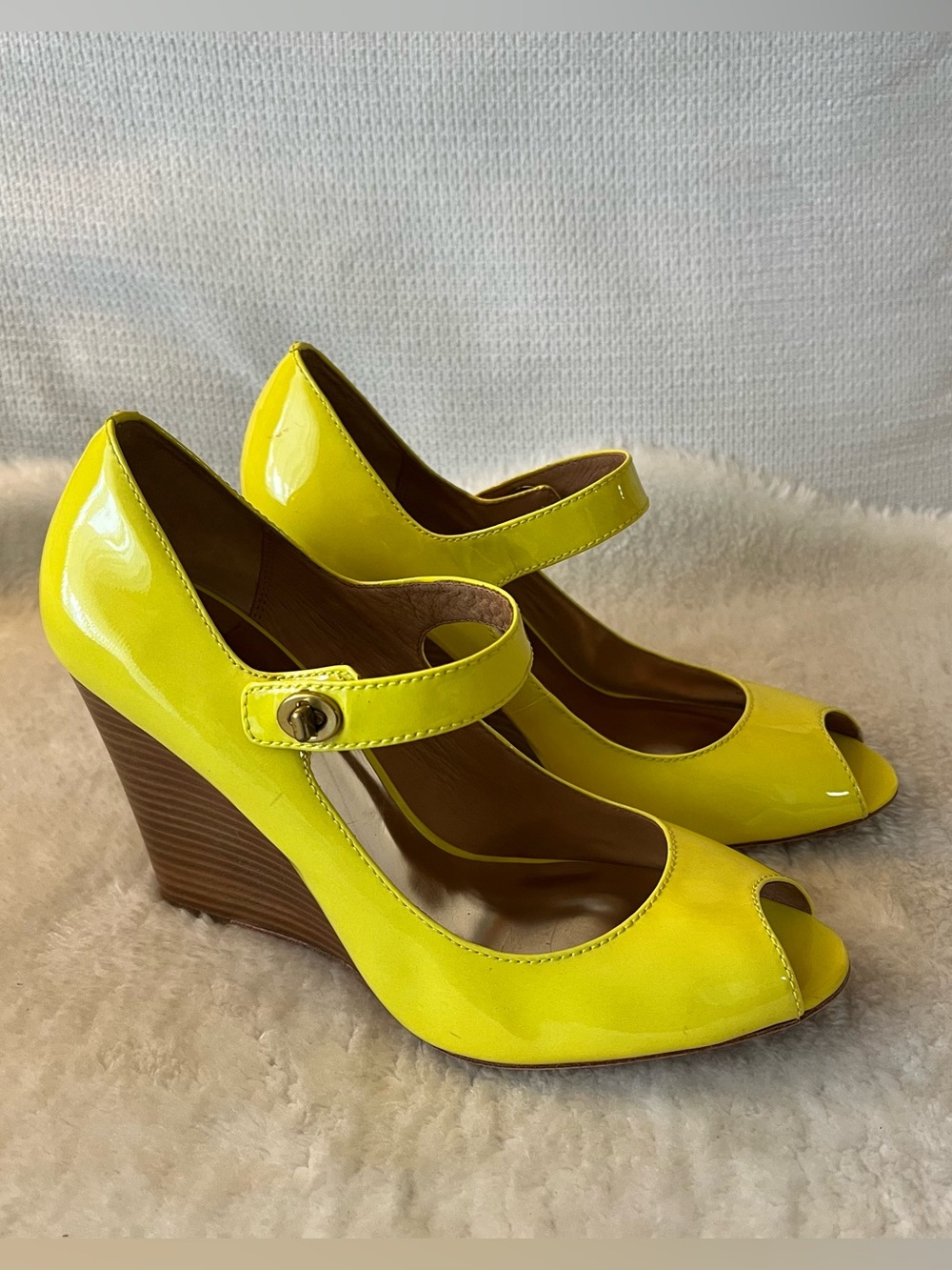 Coach Neon Yellow Patent Peep-Toe Wedge Mary Jane Size 9